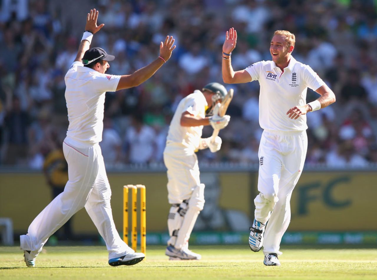 Stuart Broad struck twice in the closing overs, Australia v England, 4th Test, Melbourne, 2nd day, December 27, 2013