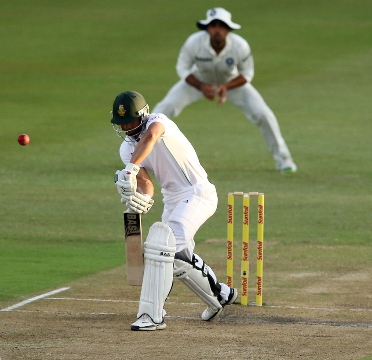 Alviro Petersen leans forward to defend, South Africa v India, 2nd Test, Durban, 2nd day, December 27, 2013