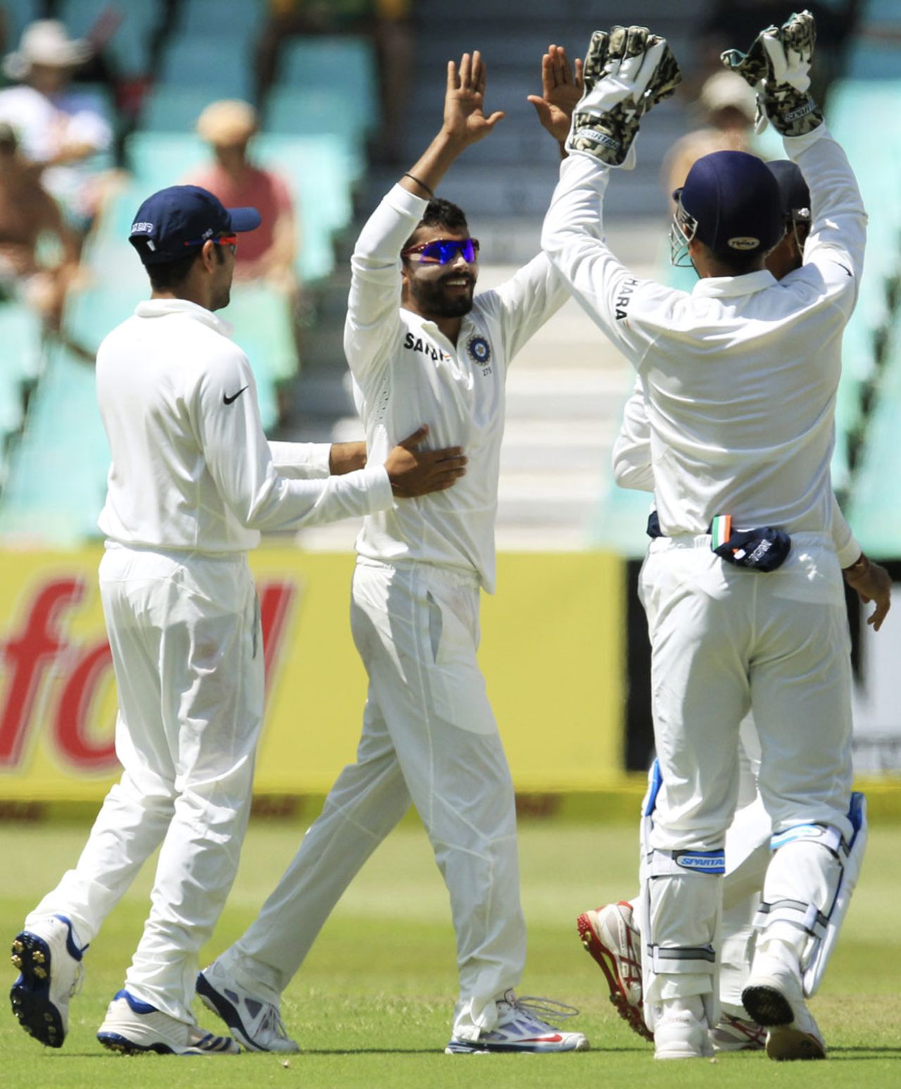 Ravindra Jadeja celebrates the wicket of Graeme Smith, South Africa v India, 2nd Test, Durban, 3rd day, December 28, 2013