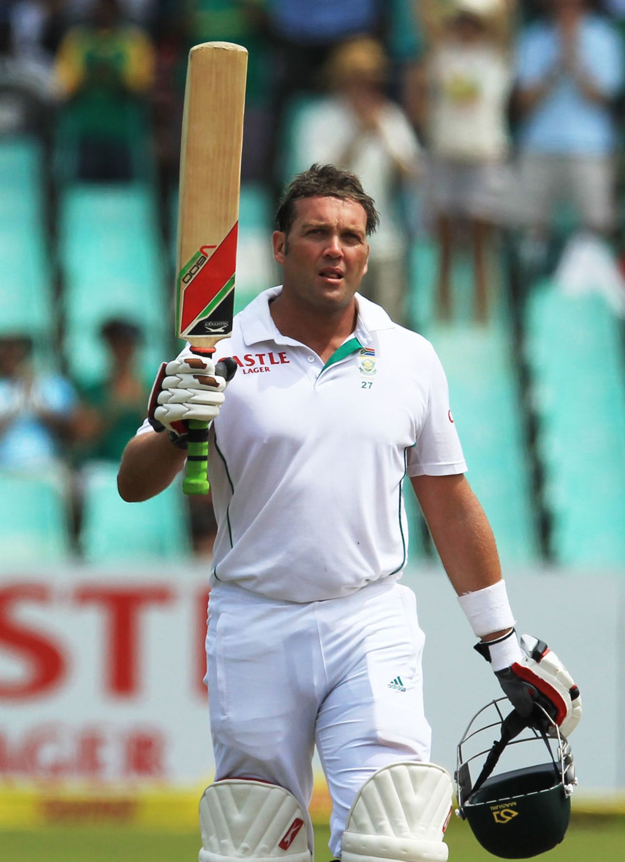 Jacques Kallis raises the bat after reaching his fifty, South Africa v India, 2nd Test, Durban, 3rd day, December 28, 2013