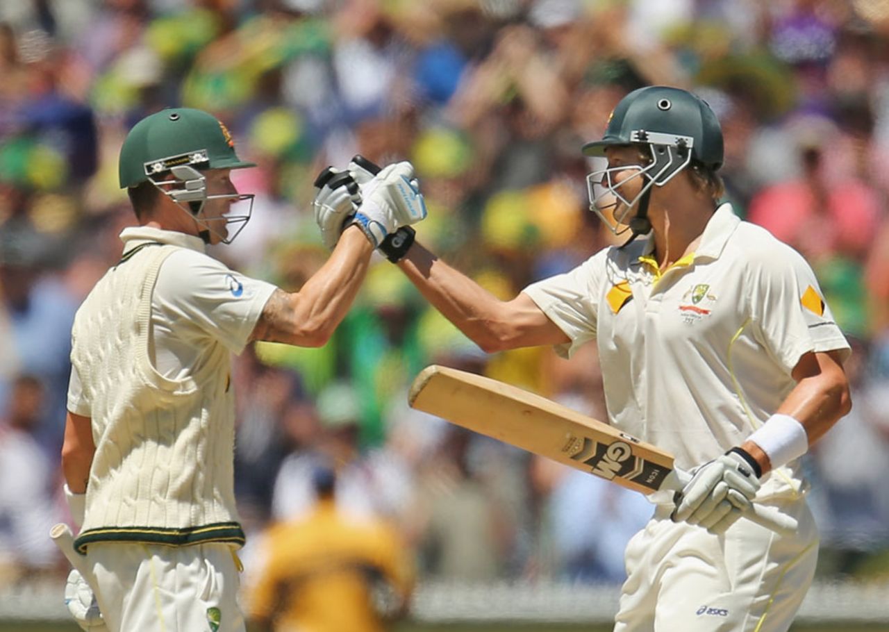 Michael Clarke and Shane Watson celebrate victory, Australia v England, 4th Test, Melbourne, 4th day, December 29, 2013