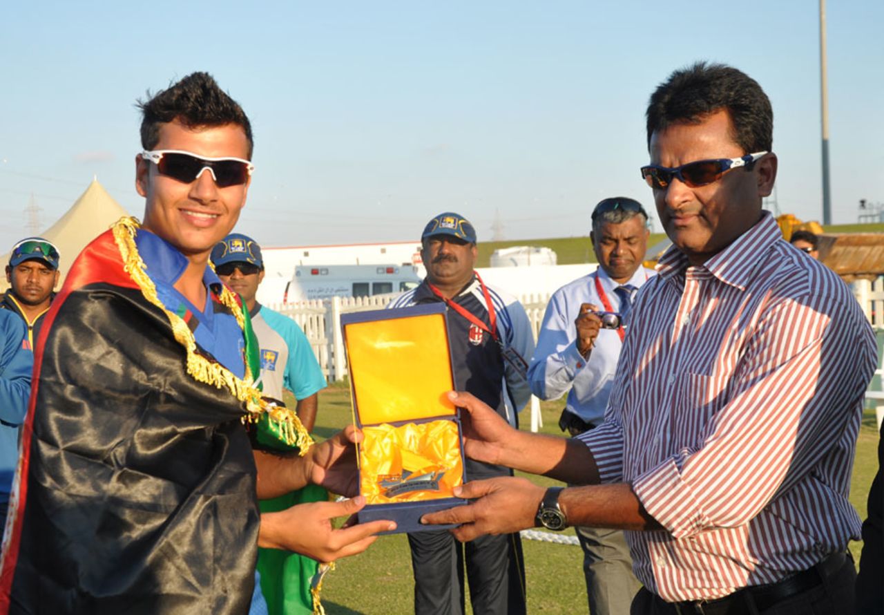 Left-arm spinner Zia-ur-Rehman won the Man-of-the-Match award for his five-for, Afghanistan Under-19 v Sri Lanka Under-19, Under-19 Asia Cup, Abu Dhabi, December 28, 2013