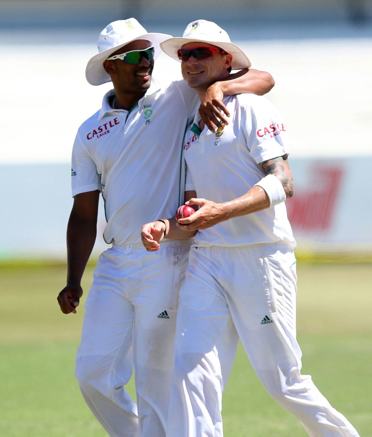Vernon Philander and Dale Steyn share a laugh after India are bowled out, South Africa v India, 2nd Test, Durban, 4th day, December 29, 2013