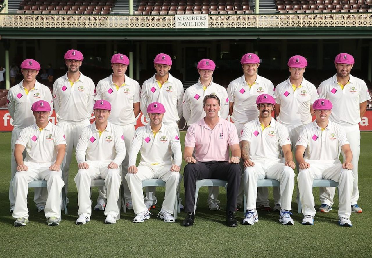 The Australian squad in their baggy pinks with Glenn McGrath, Sydney, January 1, 2014
