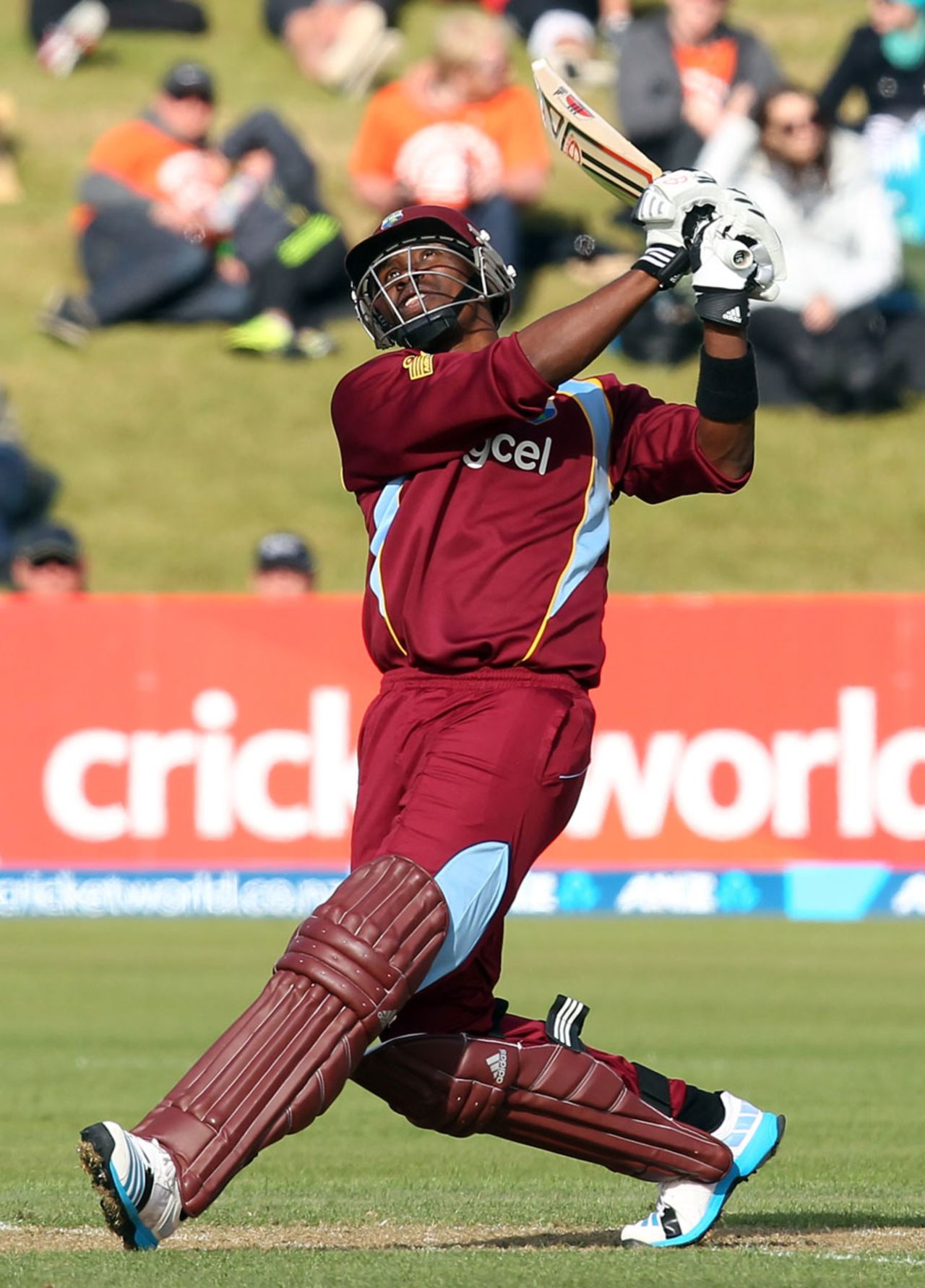 Dwayne Bravo hoists the ball during his half-century, New Zealand v West Indies, 3rd ODI, Queenstown, January 1, 2014