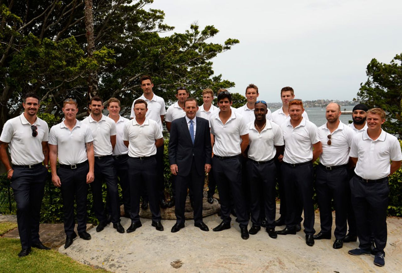 The England team pose with Australian Prime Minister Tony Abbott, Sydney, January 1, 2014