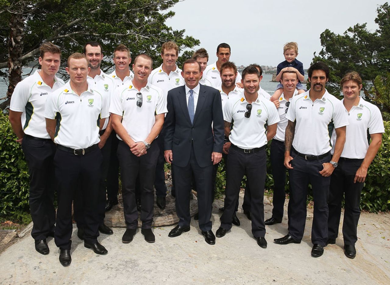 The Australia team pose with their Prime Minister Tony Abbott, Sydney, January 1, 2014