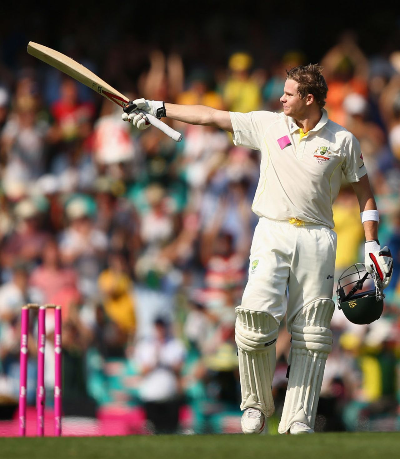 Steven Smith celebrates his second hundred of the series, Australia v England, 5th Test, Sydney, 1st day, January 3, 2014