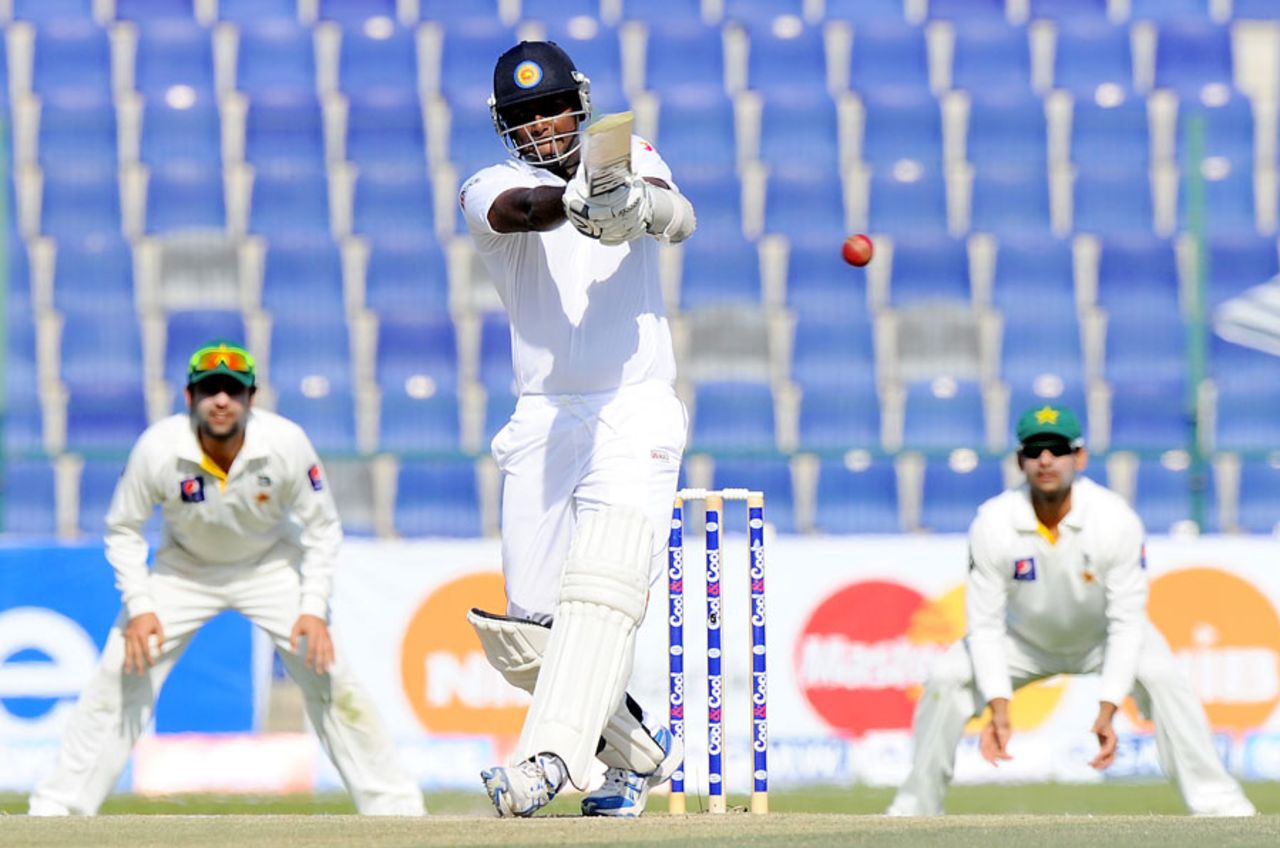 Angelo Mathews powers the ball through the on side 50, Pakistan v Sri Lanka, 1st Test, 4th day, Abu Dhabi, January 3, 2014 