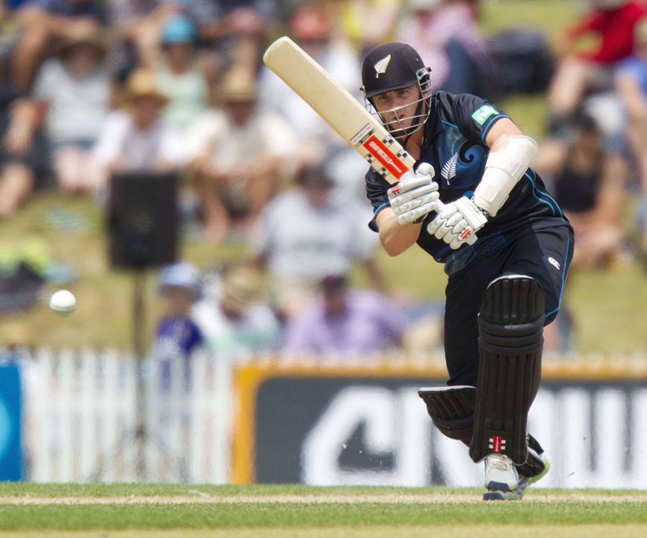 Kane Williamson nudges the ball down the ground, New Zealand v West Indies, 4th ODI, Nelson, January 4, 2014