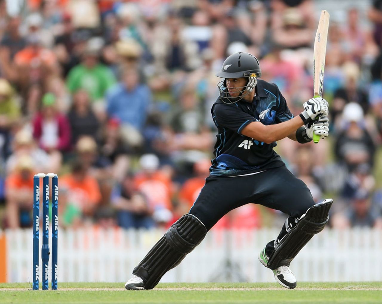 Ross Taylor watches the ball after cutting it behind point, New Zealand v West Indies, 4th ODI, Nelson, January 4, 2014