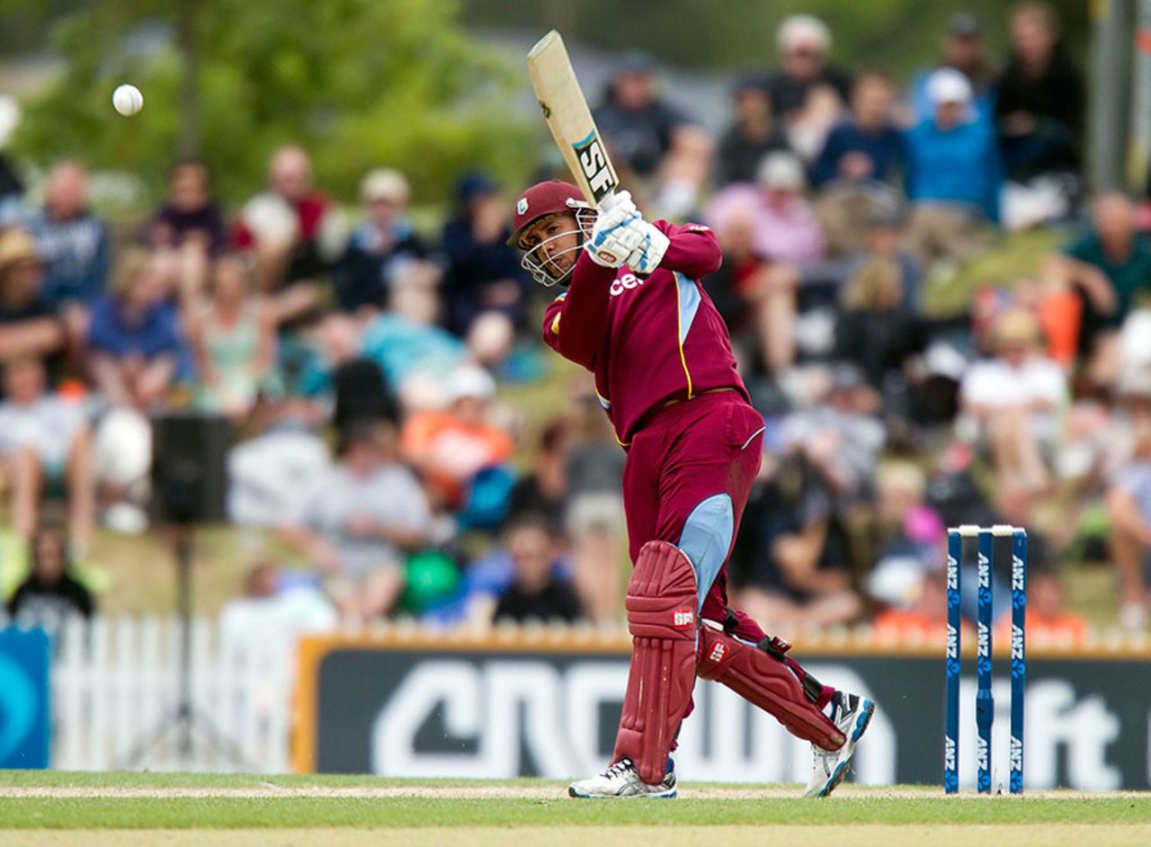 Lendl Simmons plays a lofted shot, New Zealand v West Indies, 4th ODI, Nelson, January 4, 2014
