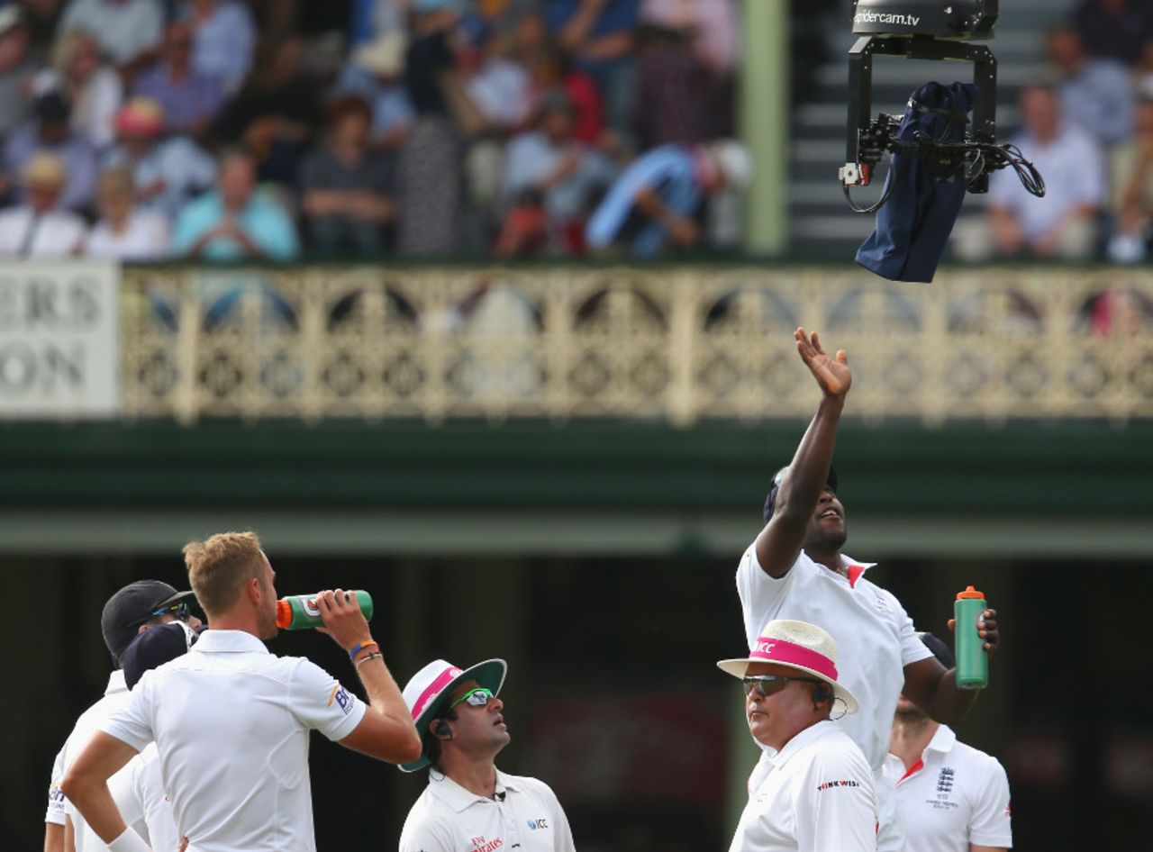 Hello there: Michael Carberry waves at the Spider-cam, Australia v England, 5th Test, Sydney, 2nd day, January 4, 2014