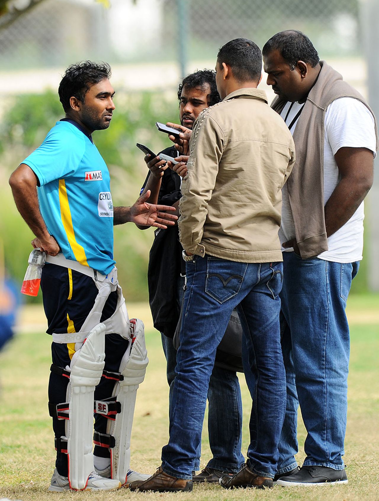 Mahela Jayawardene speaks to the media at the Sri Lanka nets, Dubai, January 6, 2014