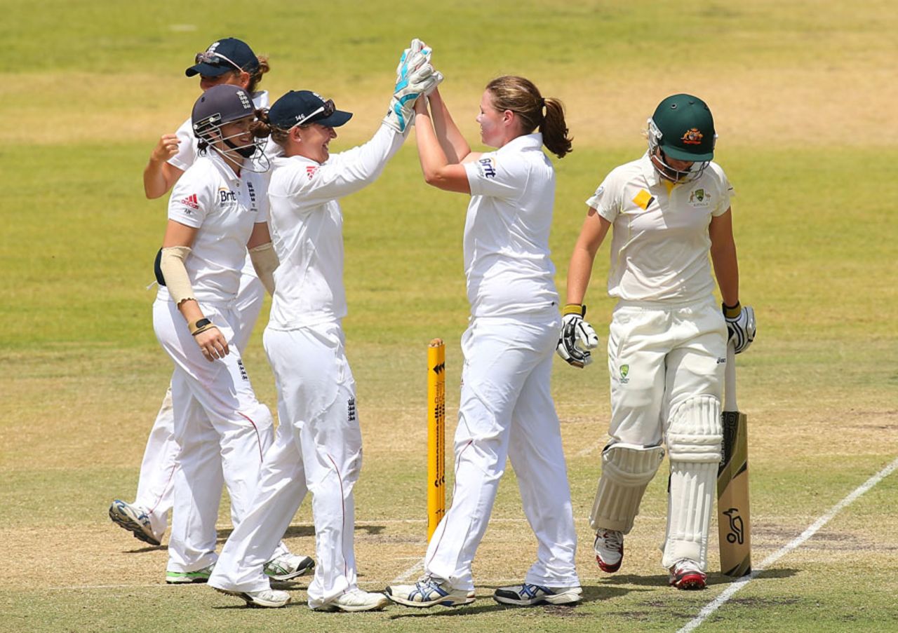 Anya Shrubsole celebrates one or her three wickets, England v Australia A, women's tour match, Perth, 2nd day, January 7, 2013