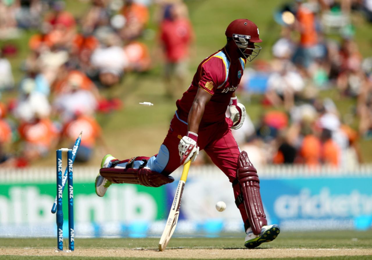 Johnson Charles was run out by a direct hit from Nathan McCullum, New Zealand v West Indies, 5th ODI, Hamilton, January 8, 2013