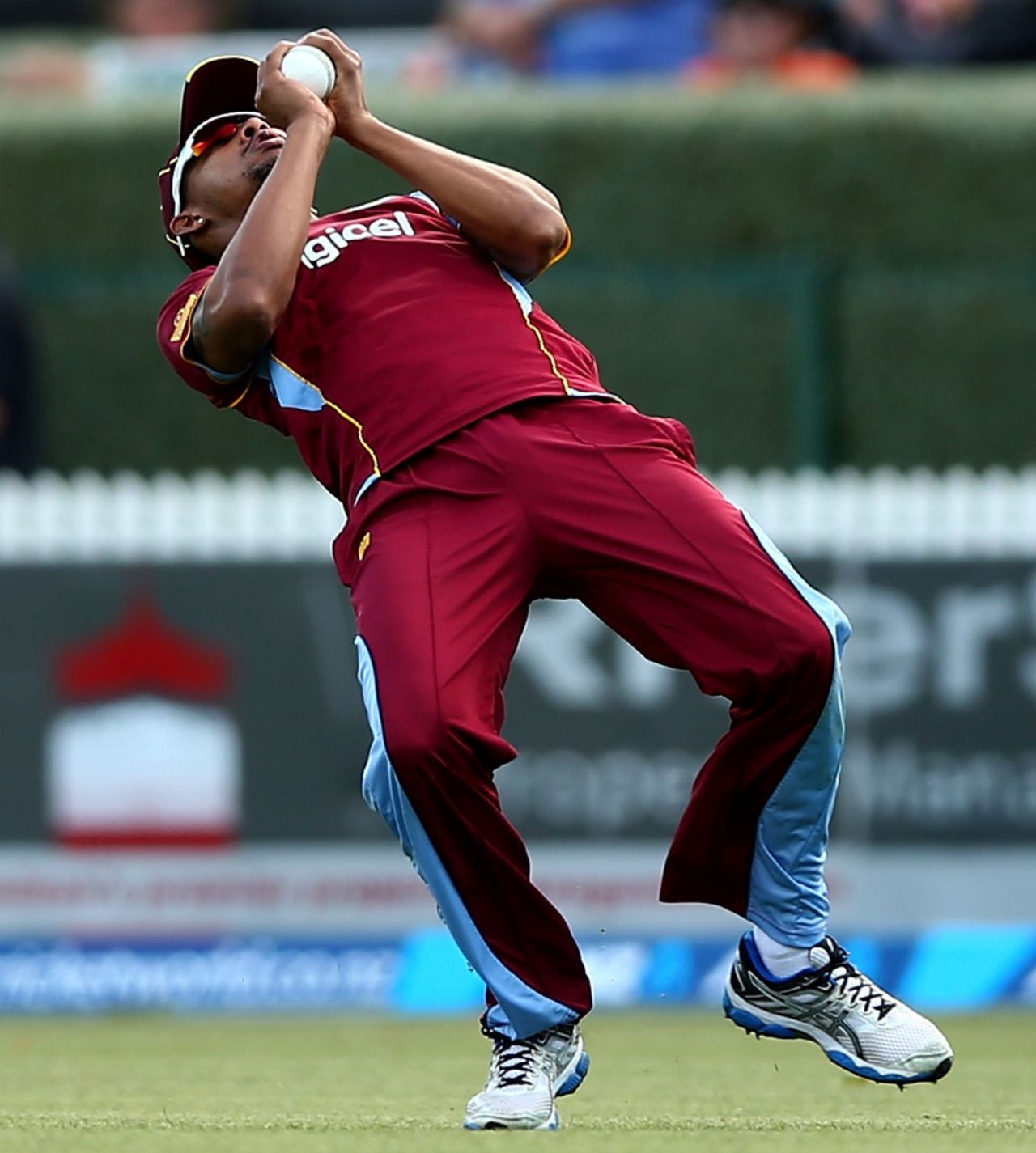 Lendl Simmons steadied himself under a high catch to remove Jesse Ryder, New Zealand v West Indies, 5th ODI, Hamilton, January 8, 2013