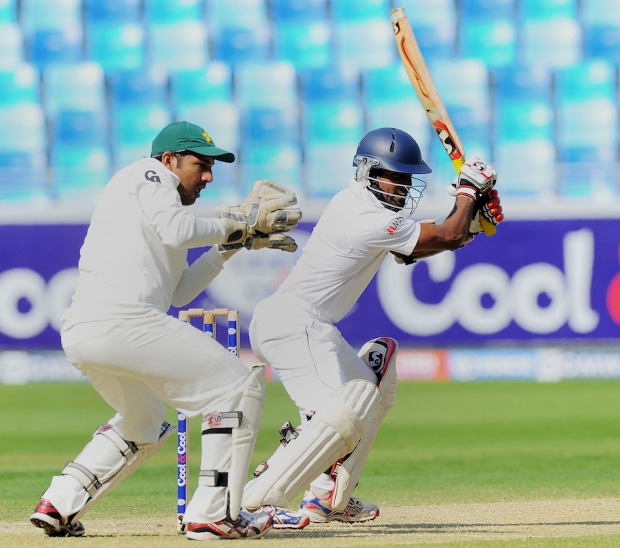 Kaushal Silva cuts during his half-century, Pakistan v Sri Lanka, 2nd Test, Dubai, 2nd day, January 9, 2014