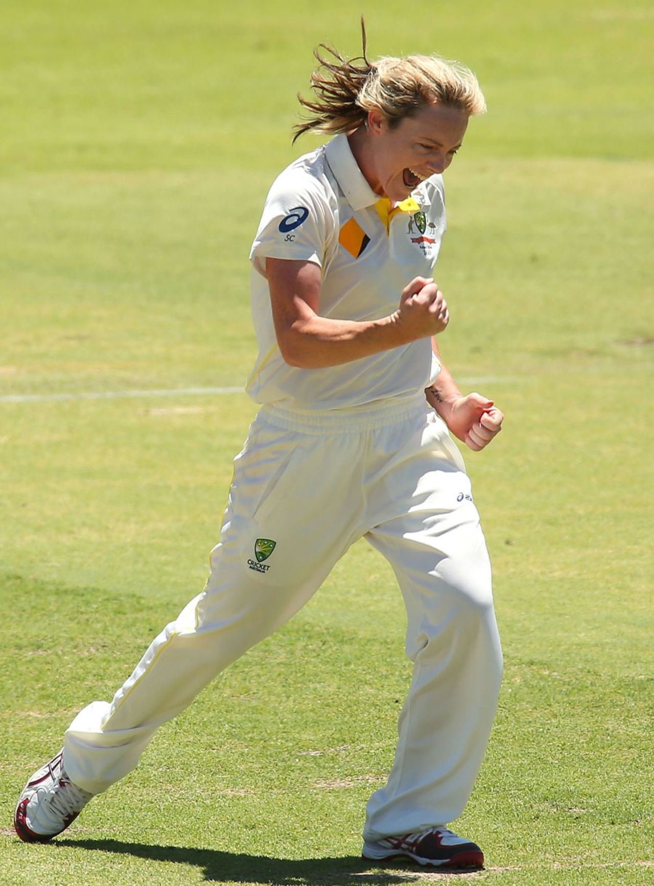 Sarah Coyte is charged up after a dismissal, Australia v England, Only Test, Perth, 1st day, January 10, 2013