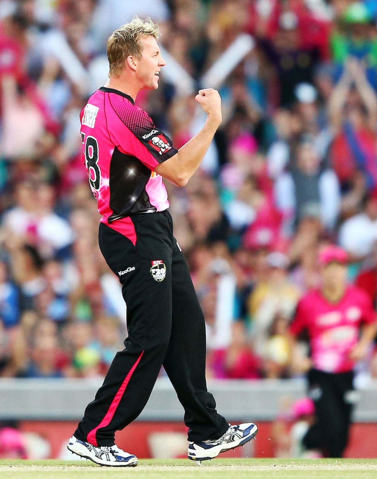 Brett Lee celebrates one of his four wickets, Sydney Sixers v Perth Scorchers, Big Bash League, Sydney, January 10, 2014 