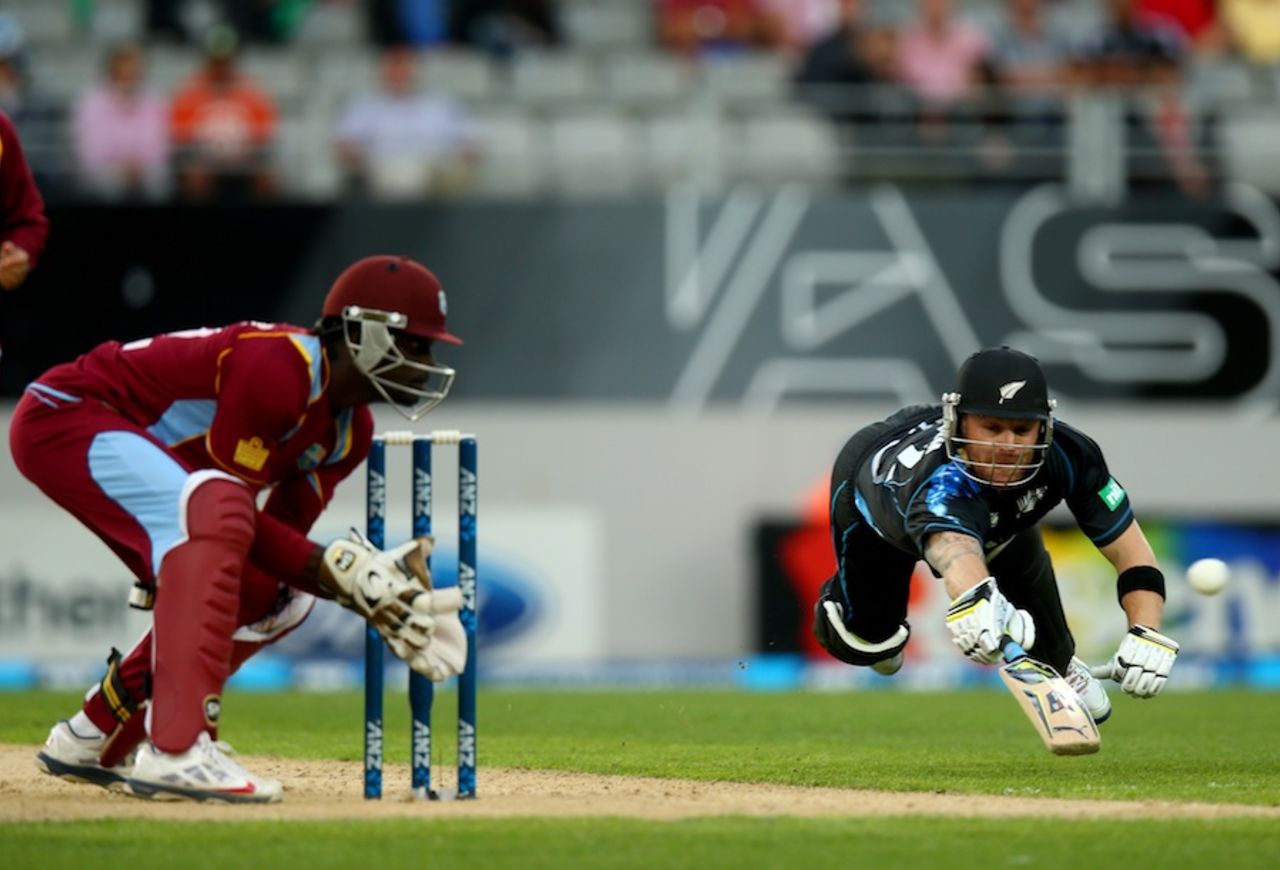 Brendon McCullum goes air borne to get back into the crease, New Zealand v West Indies, 1st T20, Auckland, January 11, 2014