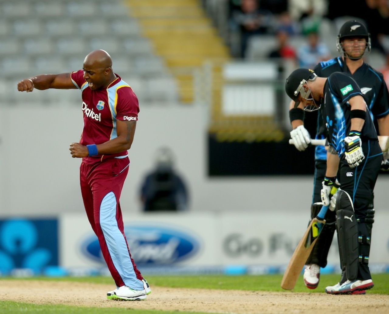 Tino Best is thrilled after dismissing Corey Anderson, New Zealand v West Indies, 1st T20, Auckland, January 11, 2014