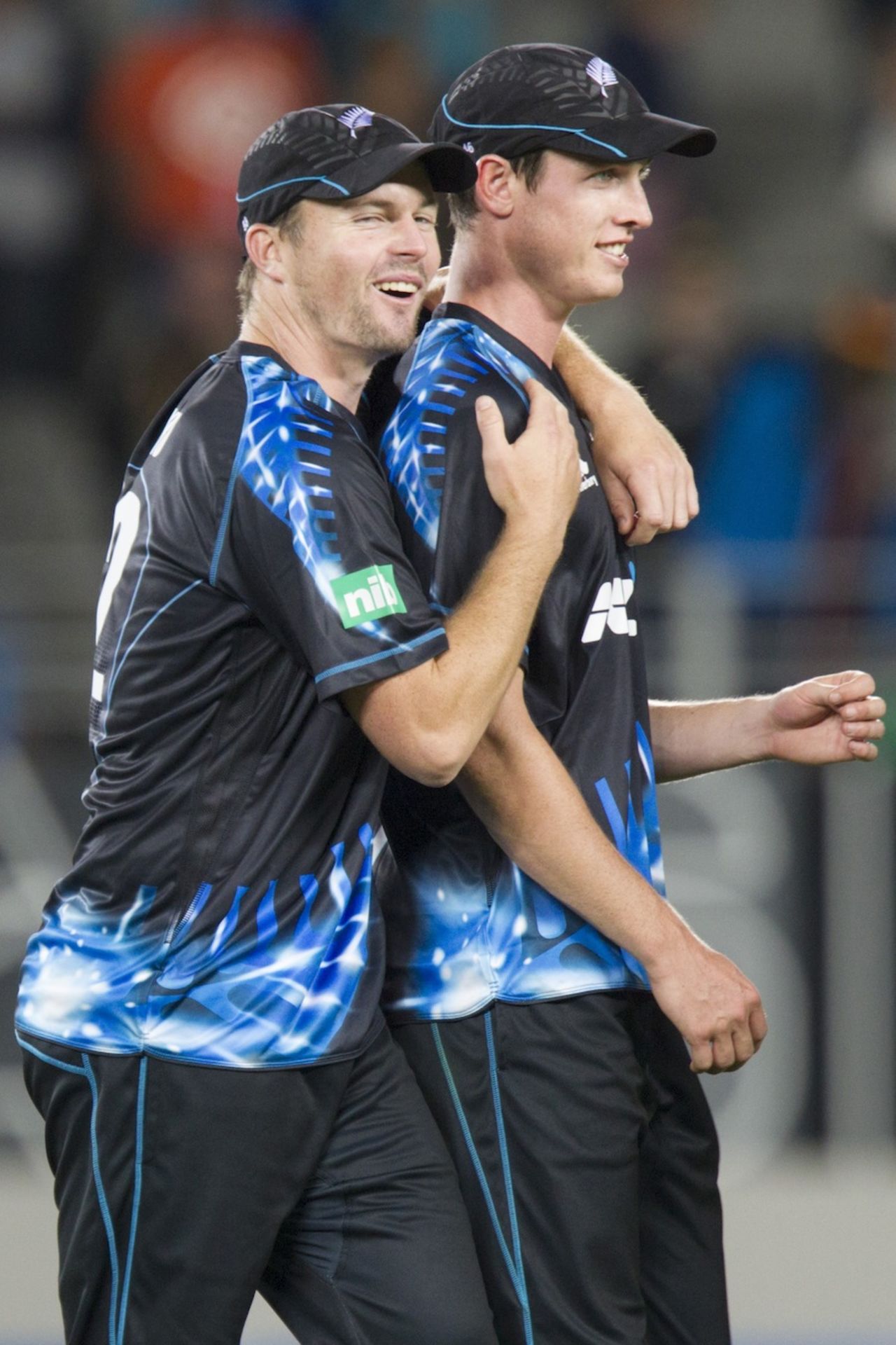 Adam Milne and Colin Munro celebrate their win, New Zealand v West Indies, 1st T20, Auckland, January 11, 2014