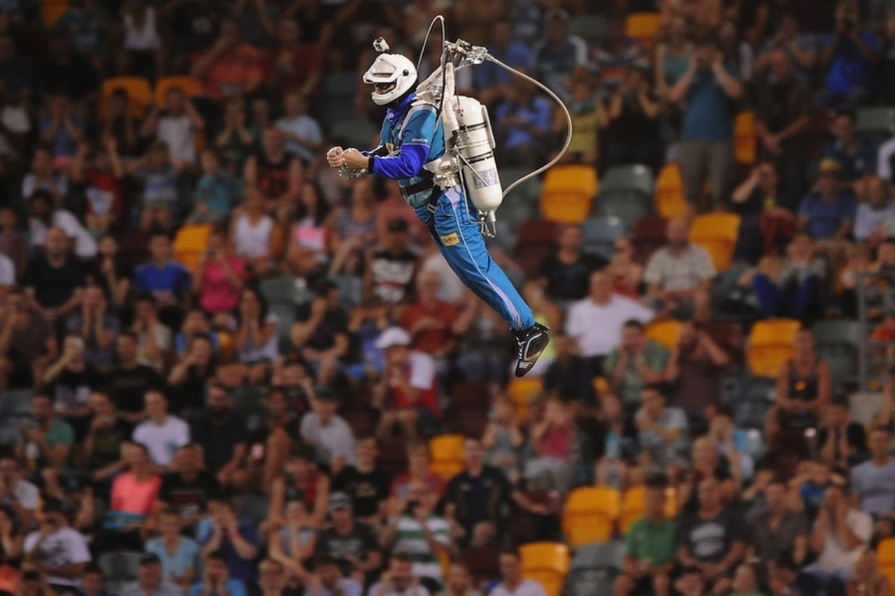 Rocket man flies to entertain the crowd, Brisbane Heat v Melbourne Stars, Big Bash League, Brisbane, January 11, 2014