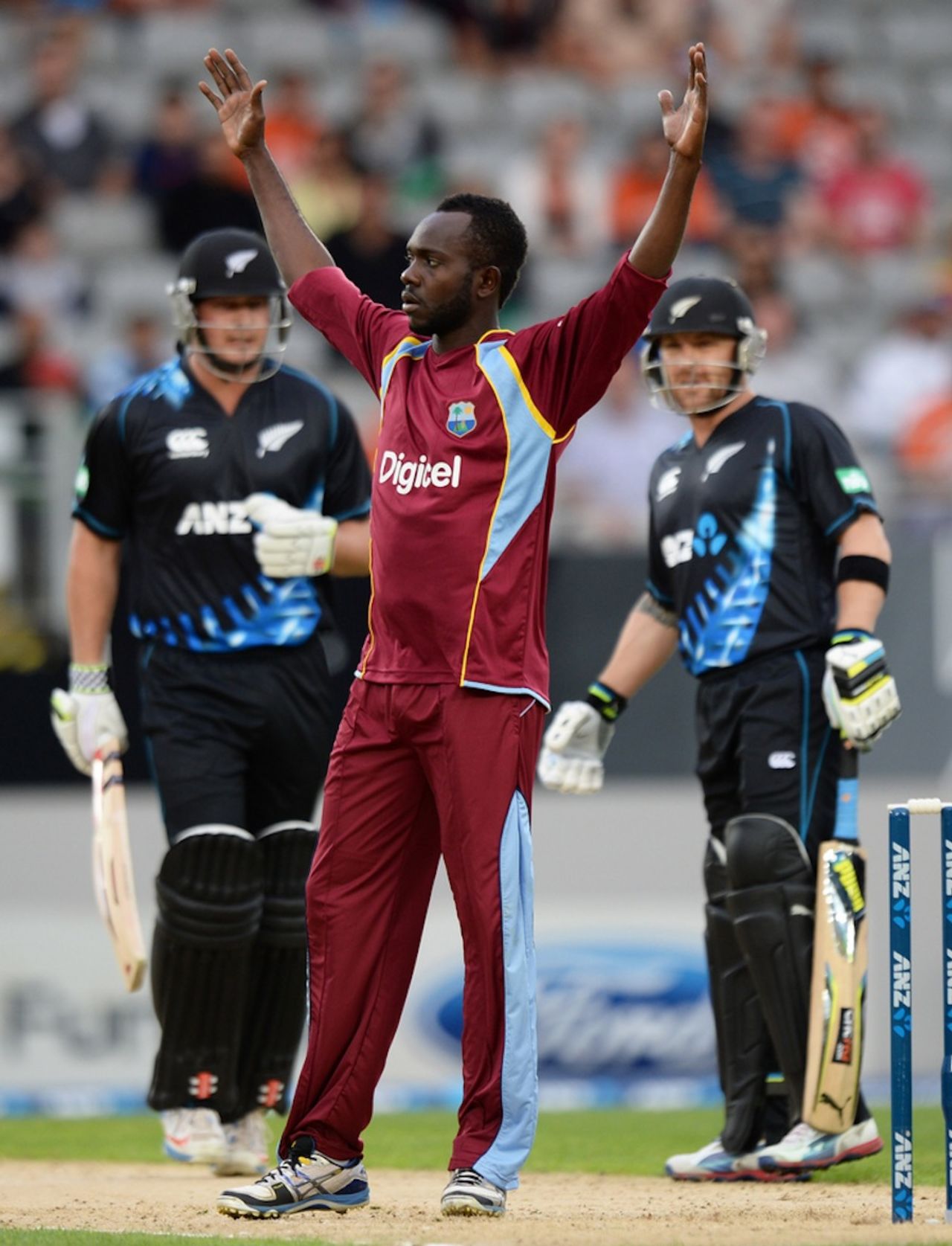 Nikita Miller celebrates with a straight face after dismissing Jesse Ryder, New Zealand v West Indies, 1st T20, Auckland, January 11, 2014