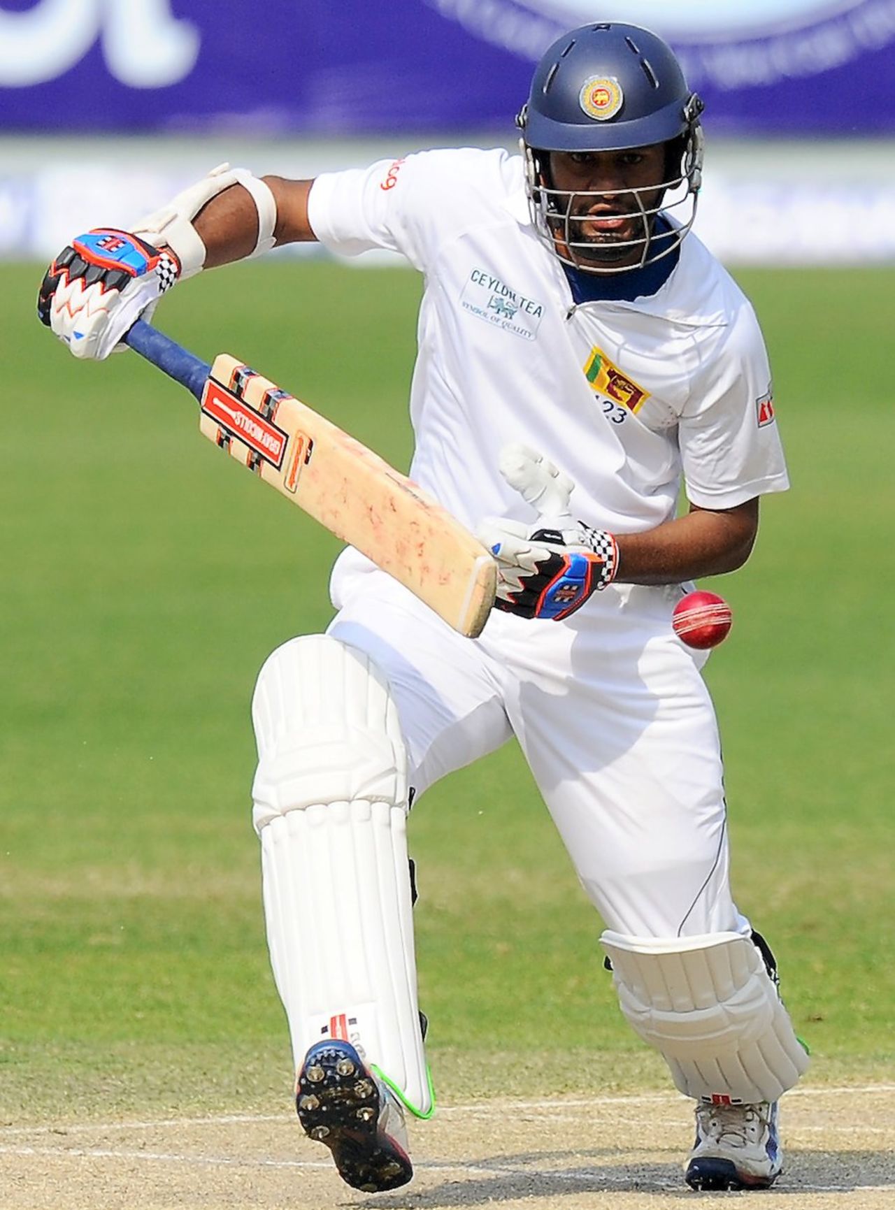 Dimuth Karunaratne pushes the ball on the off side, Pakistan v Sri Lanka, 2nd Test, Dubai, 5th day, January 12, 2014