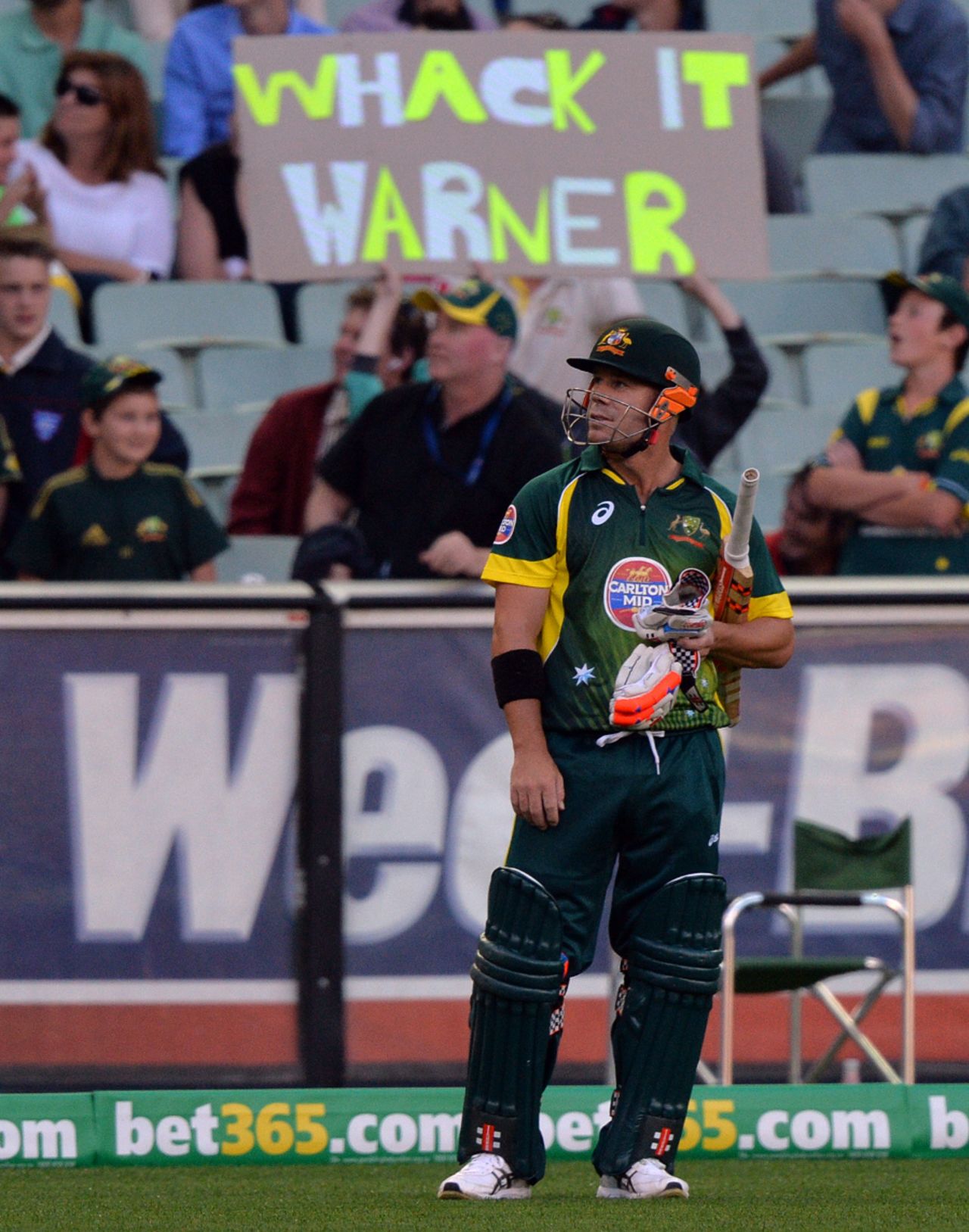 David Warner waits for the decision over his caught behind, Australia v England, 1st ODI, Melbourne, January 12, 2014