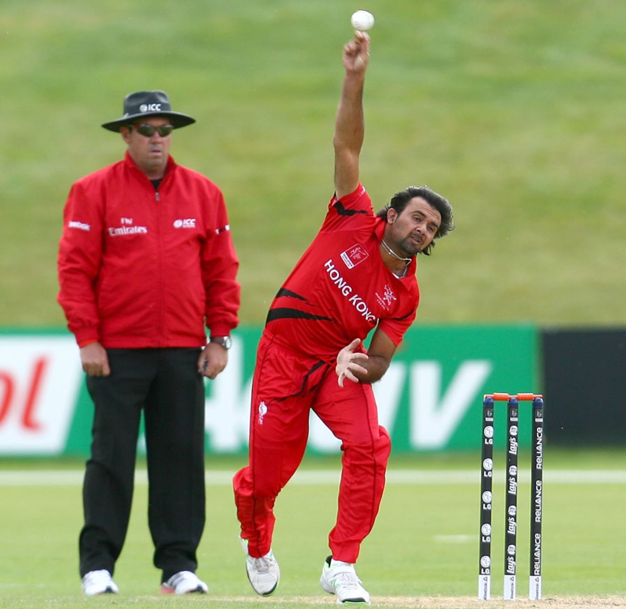 Haseeb Amjad demonstrates his bowling action, Scotland v Hong Kong, World Cup 2015 qualifiers, Queenstown Events Centre, January 13, 2014