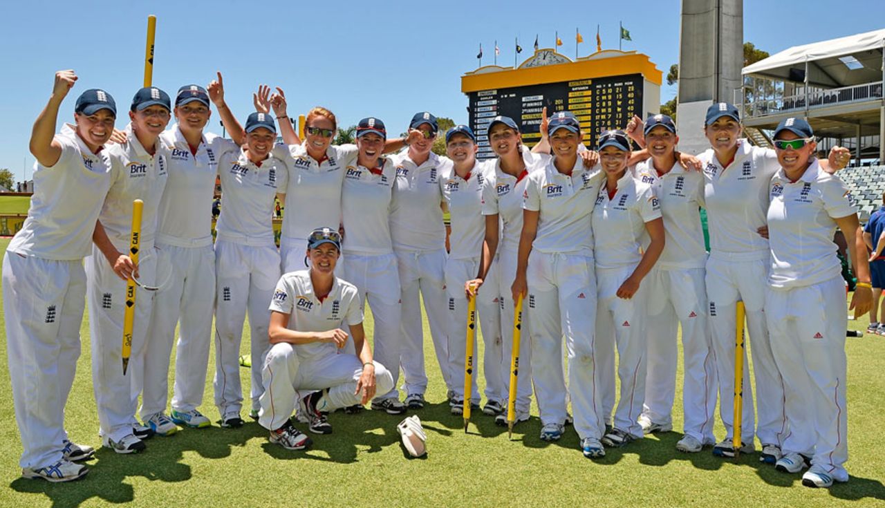 The England team in good spirits after their 61-run win over Australia, Australia v England, Only women's Test, Perth, 4th day, January 13, 2014