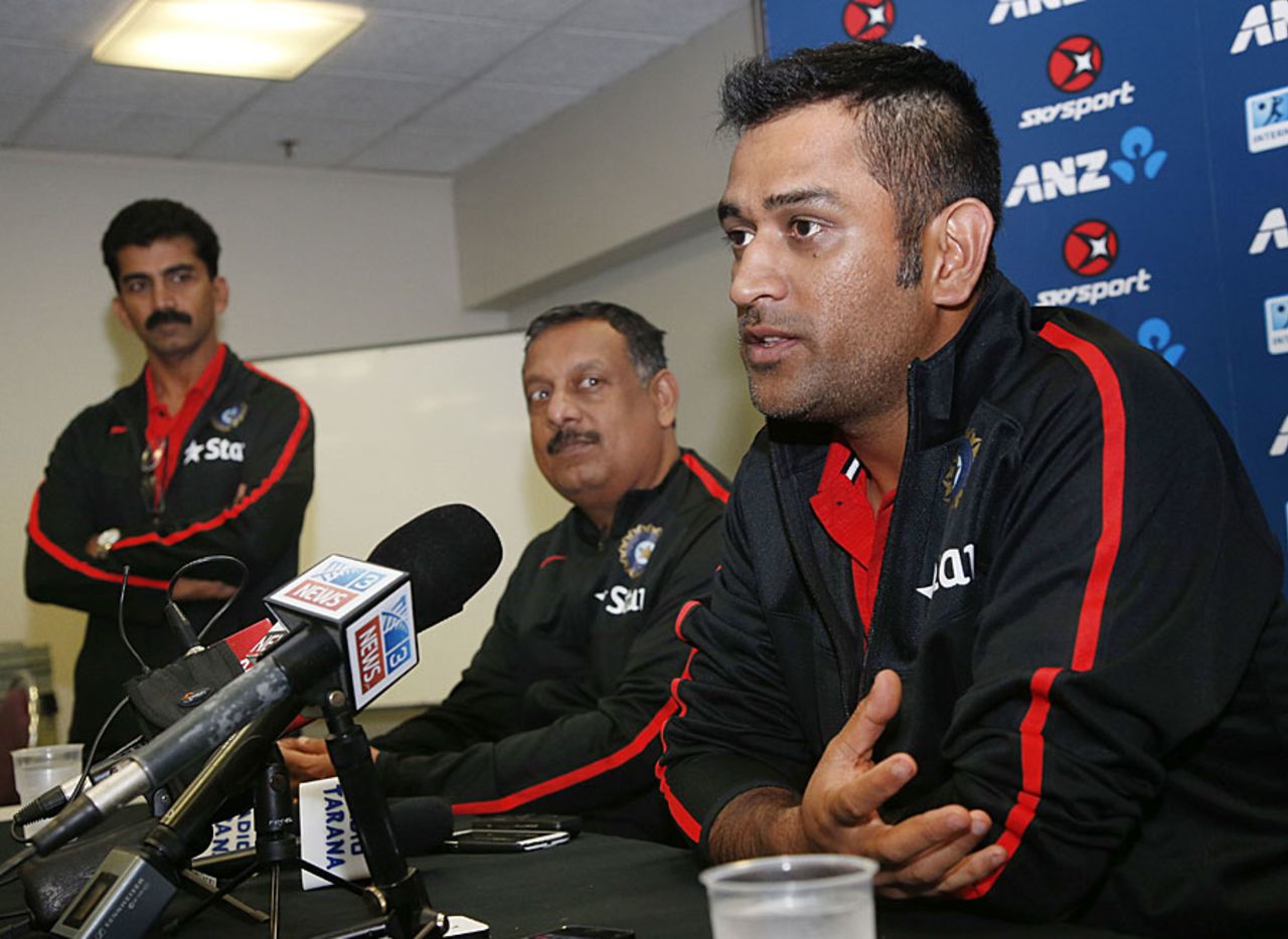 MS Dhoni gives a press conference on arrival in New Zealand, Auckland, January 13, 2014