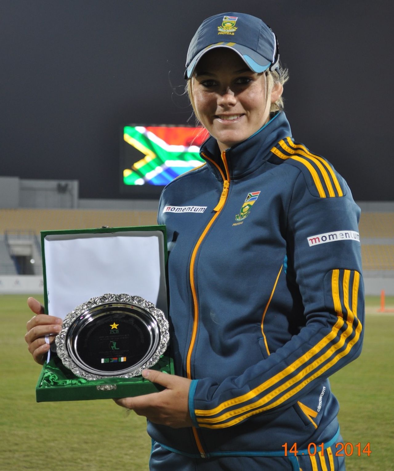 Dane van Niekerk took three wickets to be named the Player of the Match, South Africa women v Ireland women, PCB Qatar Women's 50-over Tri-Series, Doha, January 14, 2014