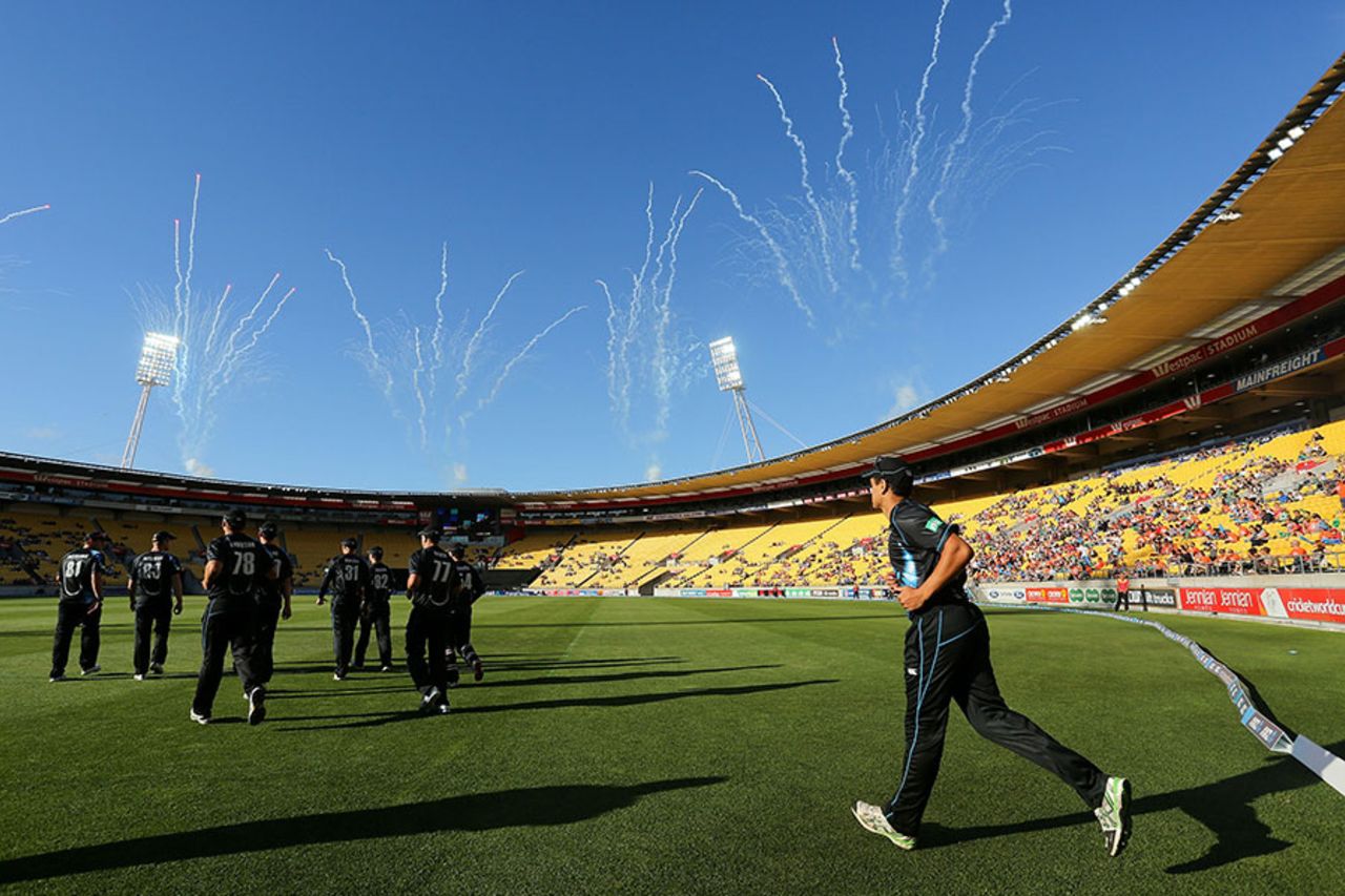 New Zealand's players enter the Westpac Stadium, New Zealand v West Indies, 2nd T20, Wellington, January 15, 2014