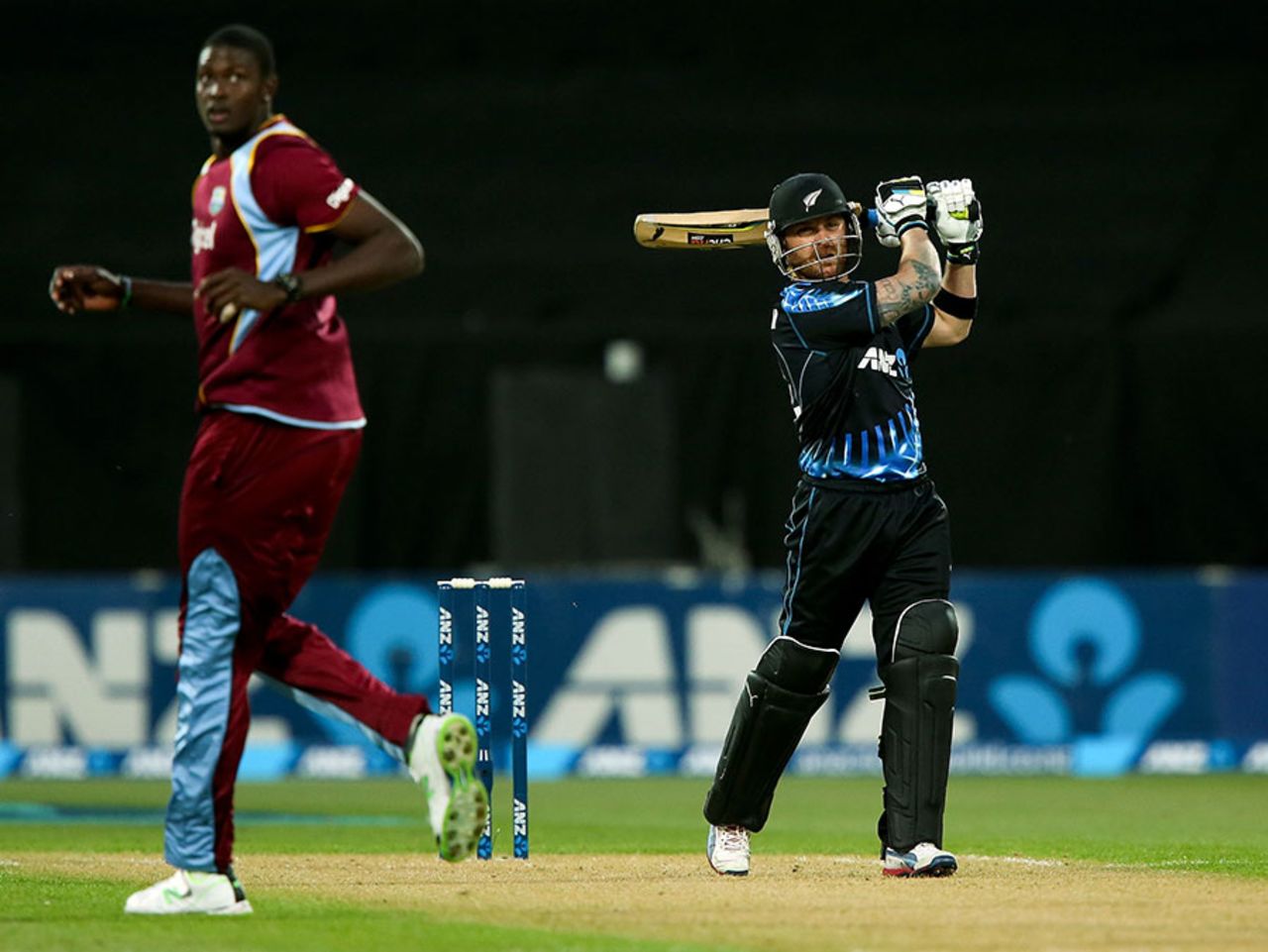 Brendon McCullum hits Jason Holder over the top, New Zealand v West Indies, 2nd T20, Wellington, January 15, 2014