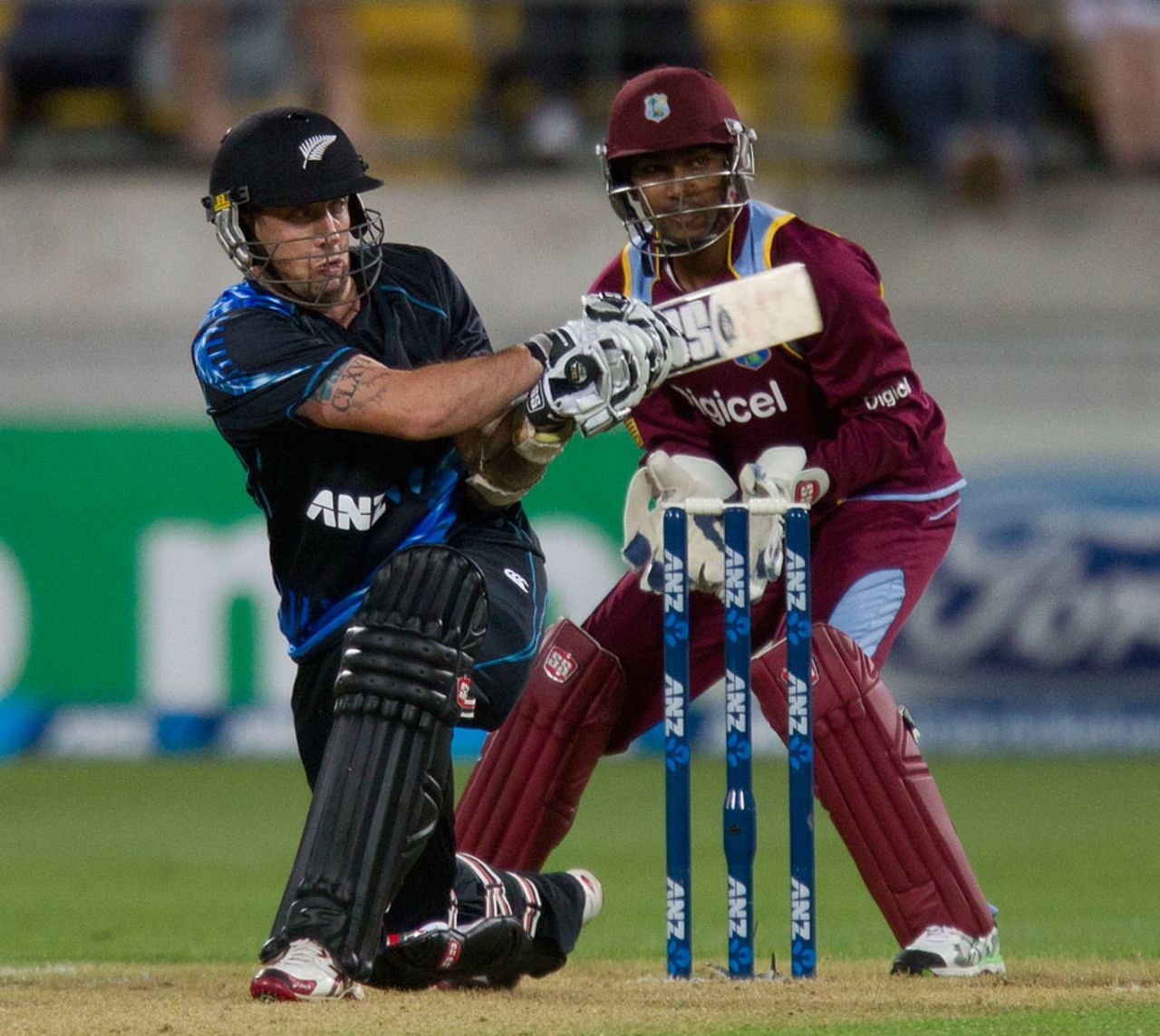 Luke Ronchi plays a slog sweep, New Zealand v West Indies, 2nd T20, Wellington, January 15, 2014