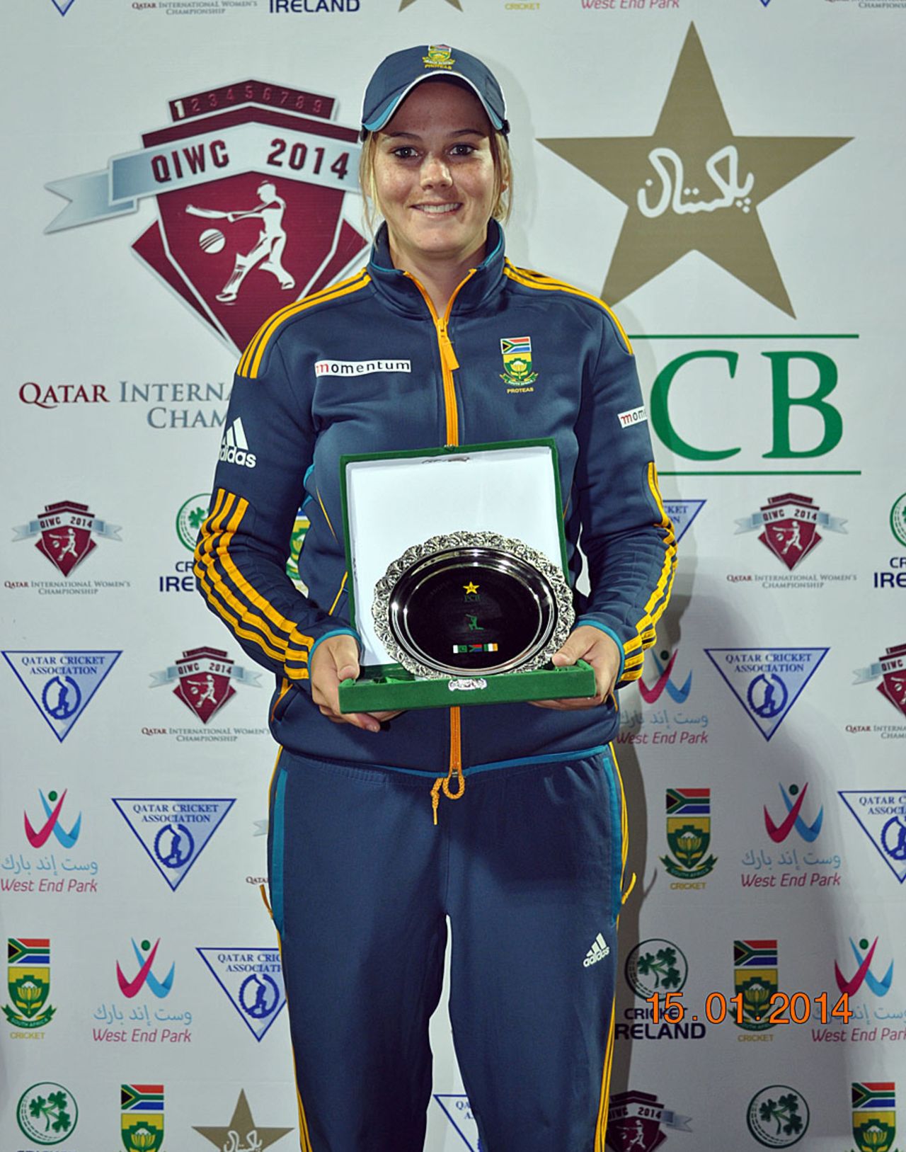 Dane van Niekerk with the Player-of-the-Match award, Pakistan v South Africa, PCB Qatar Women's 50-over tri-series, Doha, January 15, 2014
