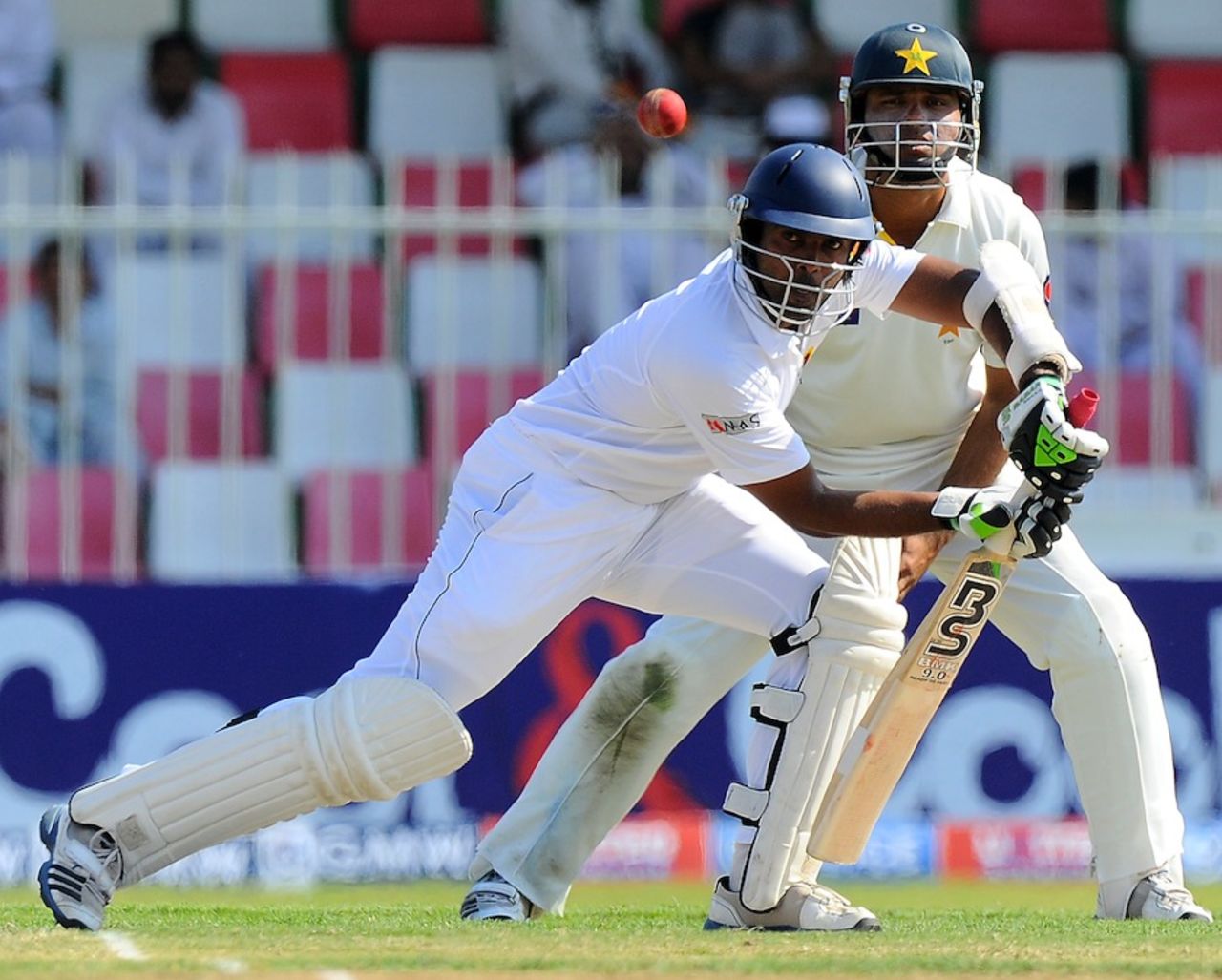 Dilruwan Perera defends on the front, Pakistan v Sri Lanka, 3rd Test, Sharjah, 2nd day, January 17, 2014