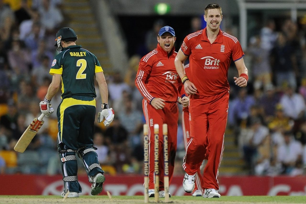 Boyd Rankin celebrates after getting rid of George Bailey, Australia v England, 2nd ODI, Gabba, January 17, 2014