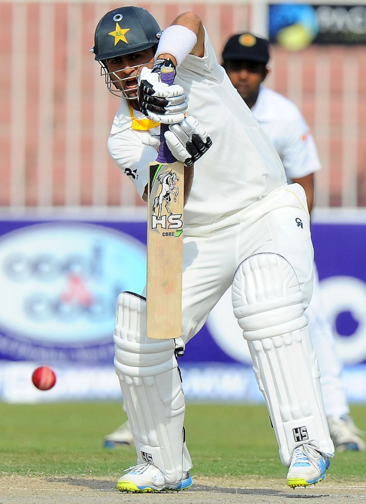 Ahmed Shehzad defends, Pakistan v Sri Lanka, 3rd Test, Sharjah, 3rd day, January 18, 2014