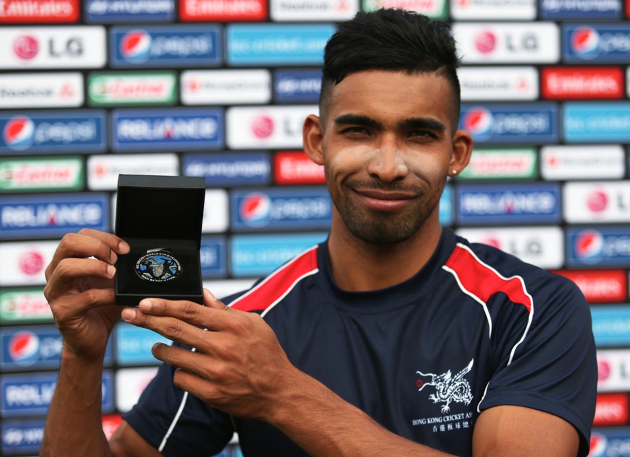 Irfan Ahmed of Hong Kong poses with the man of the match medal following the ICC Cricket World Cup Qualifier match between Canada and Hong Hong at Main Power Oval in Rangiora on January 17, 2014 in Rangiora, New Zealand. (Photo by Joseph Johnson-IDI/IDI via Getty Images)
