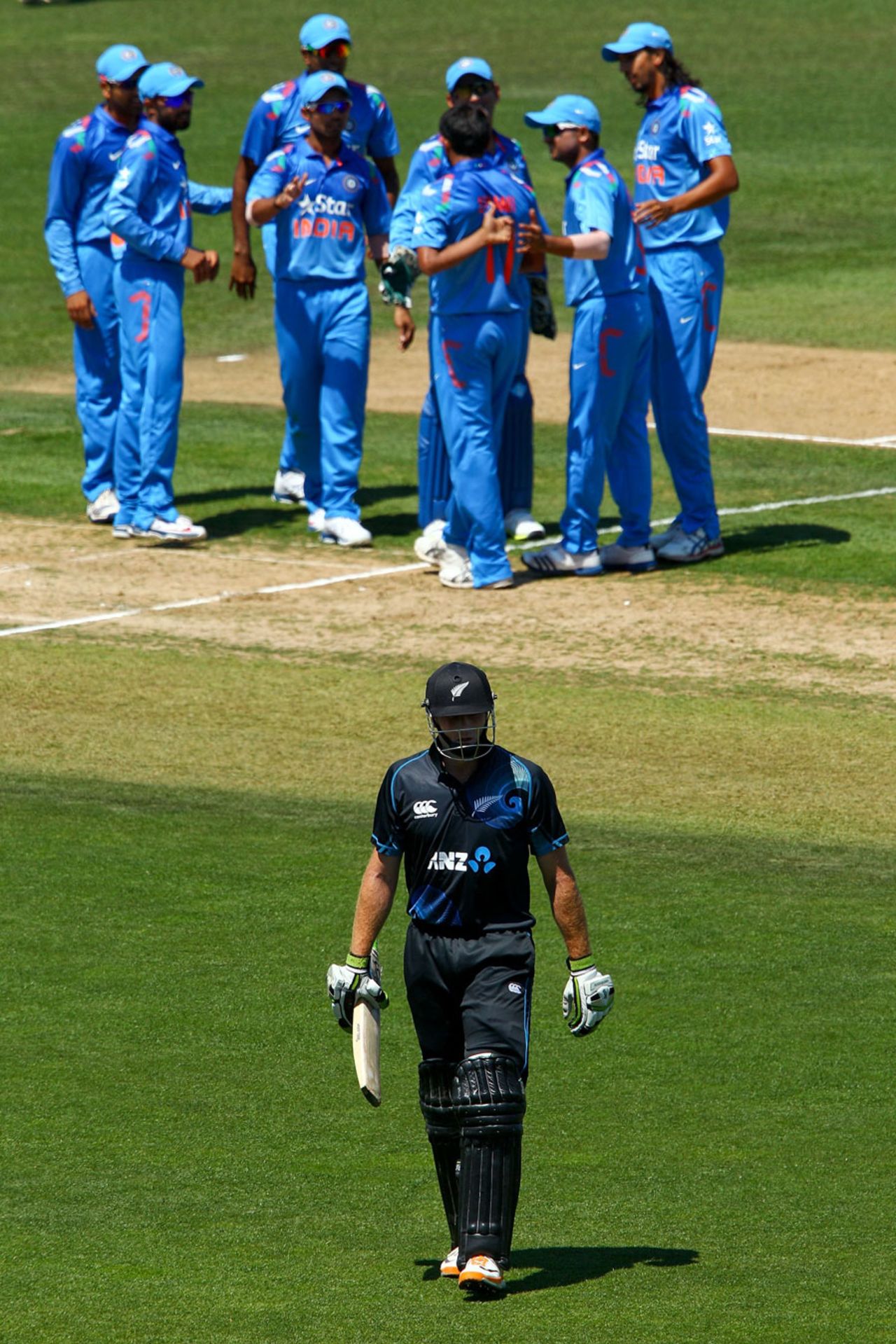 Martin Guptill walks back for 8, New Zealand v India, 1st ODI, Napier, January 19, 2014