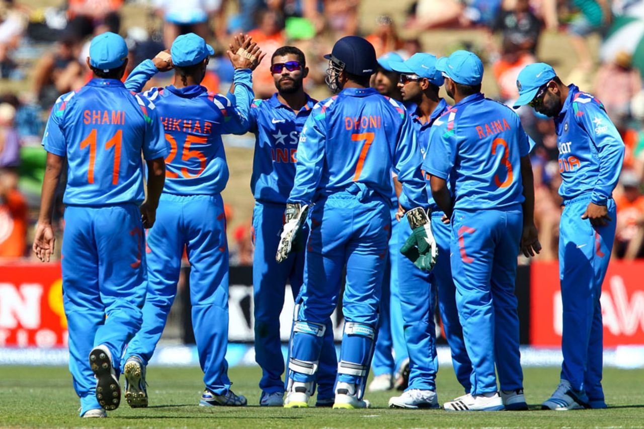 The Indian players celebrate the wicket of Kane Williamson, New Zealand v India, 1st ODI, Napier, January 19, 2014