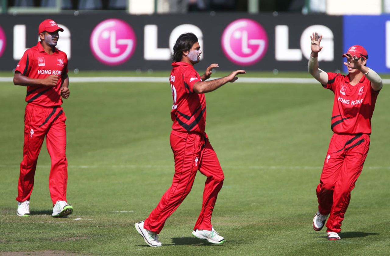 Haseeb Amjad celebrates after taking a wicket, Hong Kong v Nepal, ICC World Cup 2015 Qualifier, Group A, Rangiora, January 19, 2014