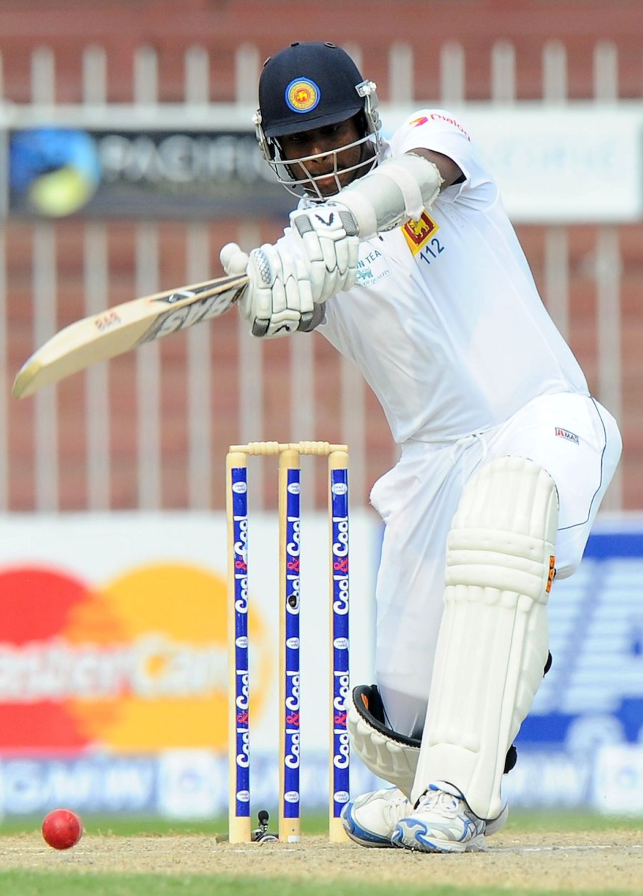 Angelo Mathews plays off the front foot, Pakistan v Sri Lanka, 3rd Test, Sharjah, 4th day, January 19, 2014