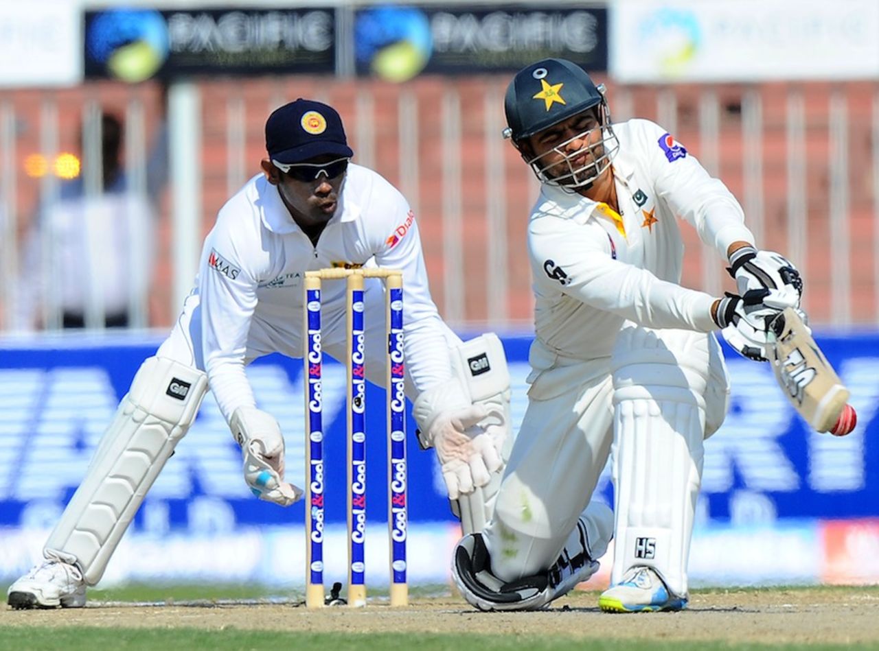 Ahmed Shehzad plays the sweep, Pakistan v Sri Lanka, 3rd Test, Sharjah, 5th day, January 20, 2014