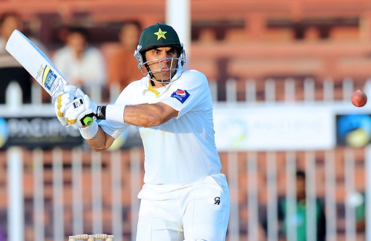 Misbah-ul-Haq prepares to attack the ball, Pakistan v Sri Lanka, 3rd Test, Sharjah, 5th day, January 20, 2014