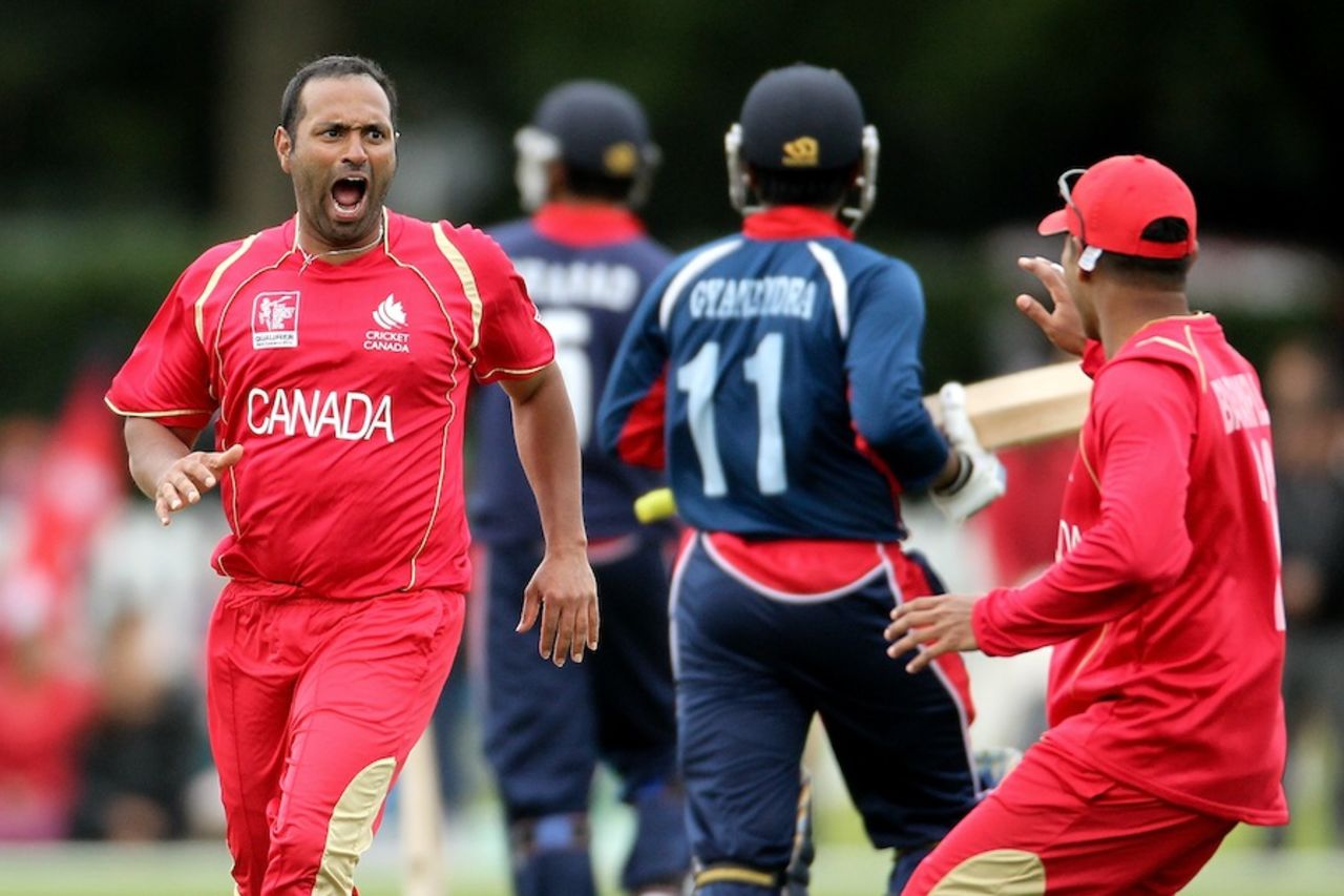 Khurram Chohan is pumped up after a wicket, Canada v Nepal, ICC World Cup Qualifier, Group A, Christchurch, January 21, 2014